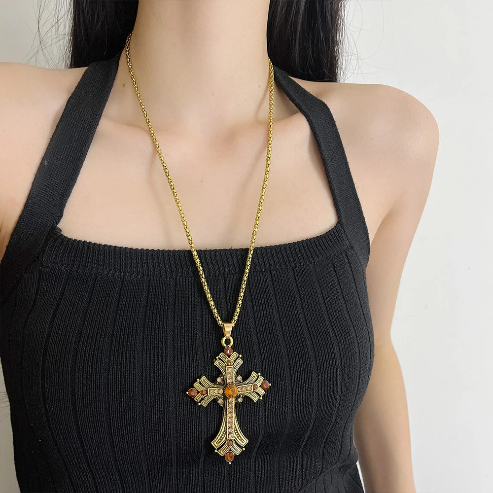 合金项链 y2k朋克辣妹金色十字架长款项链女设计感双层锁骨链311