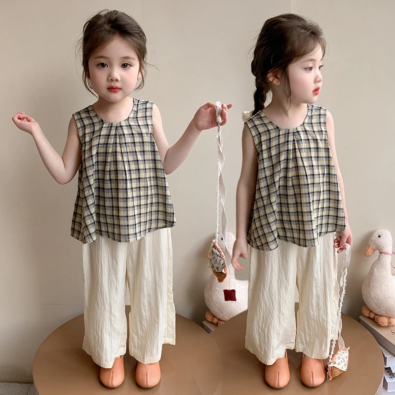 女童夏装套装2025新款洋气儿童无袖格子背心女宝宝阔腿裤两件套潮
