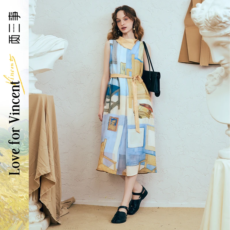 两三事梵高文艺她的房间围巾领印花绑带无袖连衣裙