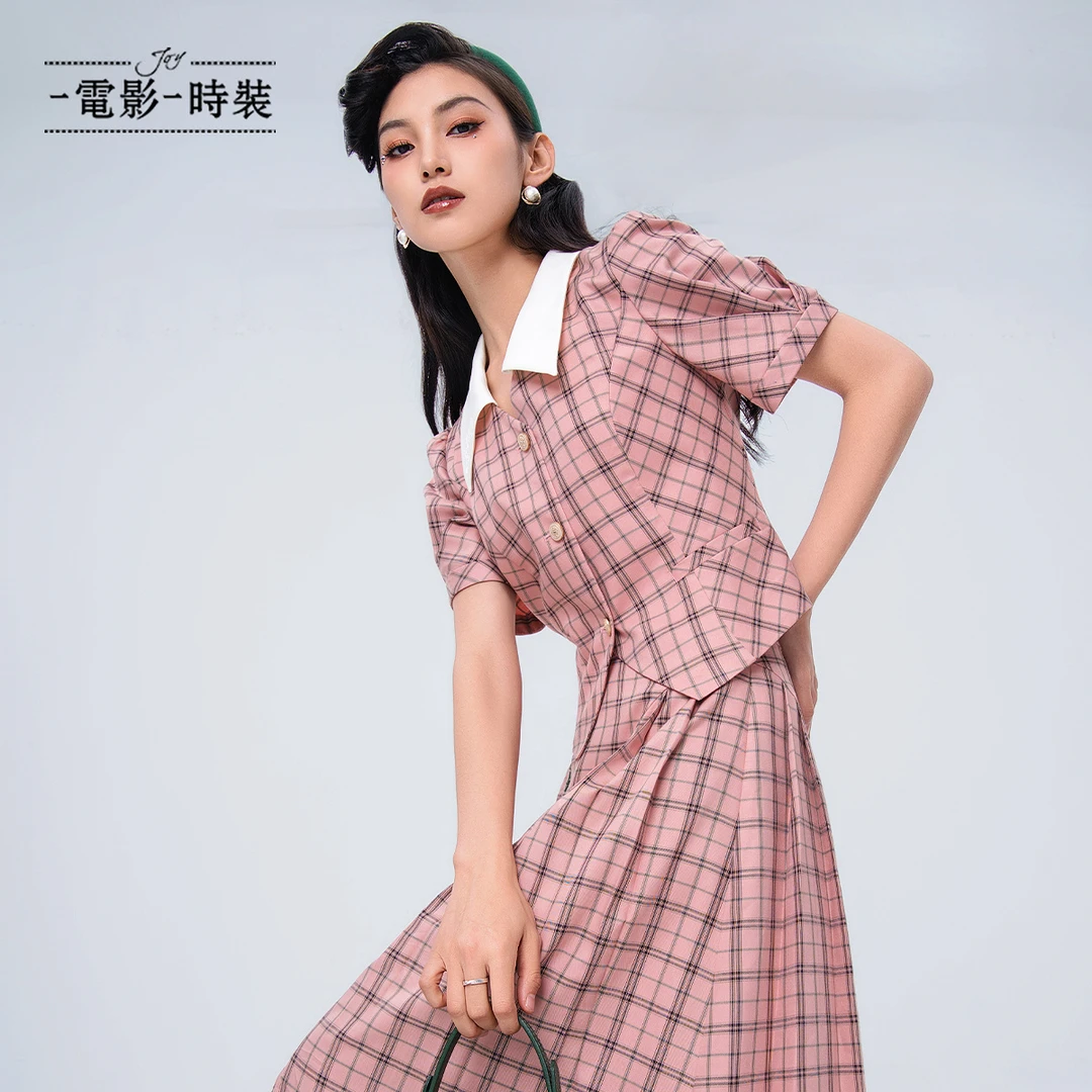 【诗语专属】一电影一时装粉色格子小衫短袖上衣FFJS124300