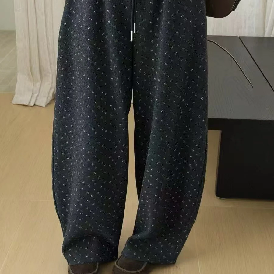 冬季显瘦百搭休闲裤凤枝大码女装韩系小碎花直筒加绒裤子