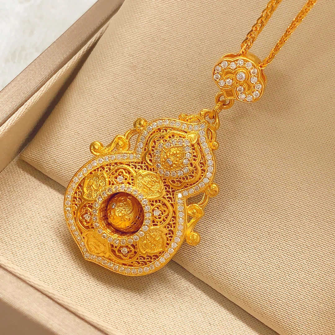 【水贝黄金】足金999古法镶嵌四美葫芦黄金吊坠N300