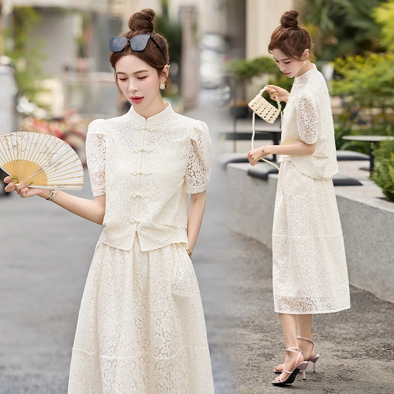 新中式蕾丝改良旗袍套裙女2025夏季新款复古名媛气质半身裙两件套