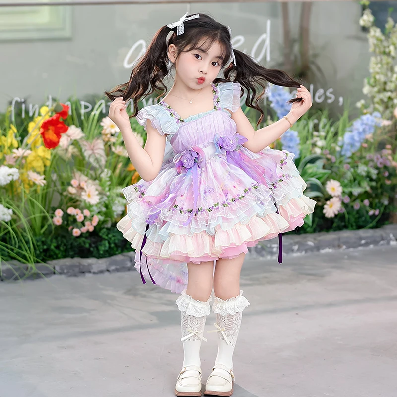 女童紫蝶花梦洛丽塔连衣裙2025新款女宝飞袖公主蓬蓬裙生日礼服裙