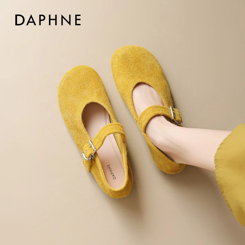 达芙妮黄色玛丽珍鞋女2025春秋新款真皮单鞋多巴胺百搭平底孕妇鞋
