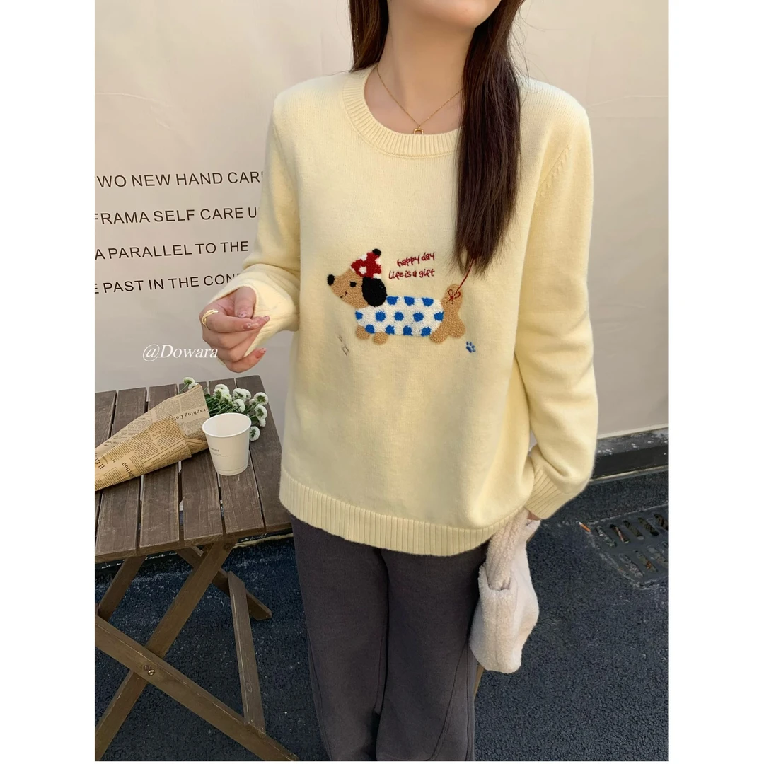 现货7824d大婉酱千千微胖定制 韩系宽松圆领毛衣快乐小狗套头上衣