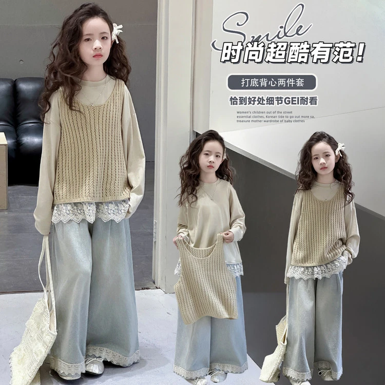 女童针织马甲三件套春季2025新款儿童春装洋气森系女大童套装春秋