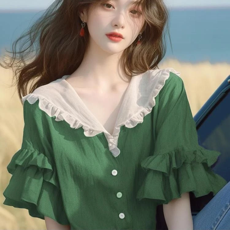 时尚短袖气质衬衫女2025新款夏季流行漂亮小衫宽松法式荷叶边上衣