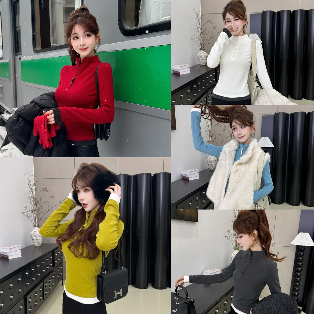 【小蛮腰37°】德绒暖T！显瘦正肩半拉链撞色上衣