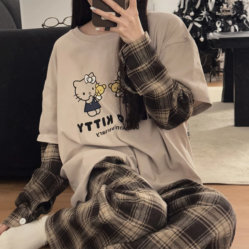 春秋季新款家居服假两件ins韩版宽松慵懒风格子裤拼接套装可外穿