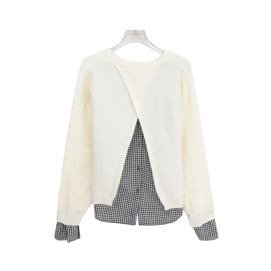 设计感条纹长袖衬衫拼接毛衣假两件上衣K24107