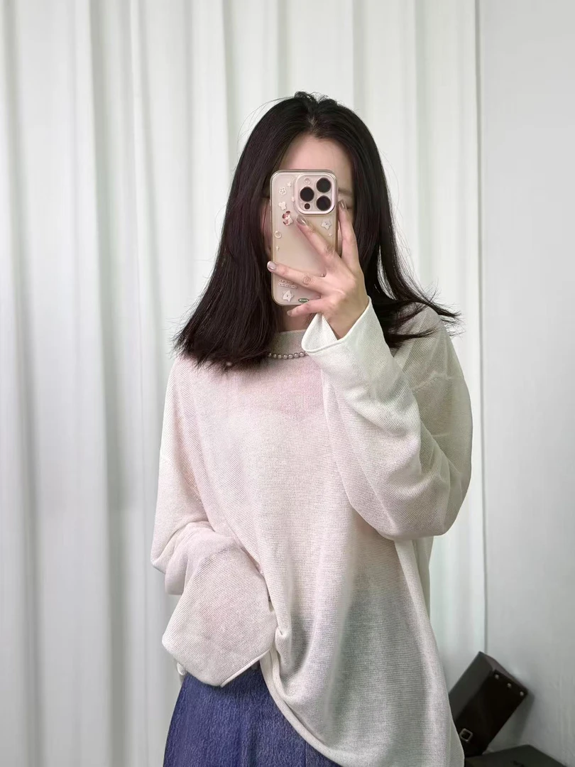 柏娜诺 2025春夏文艺轻熟圆领天丝亚麻长袖薄款针织衫女上衣