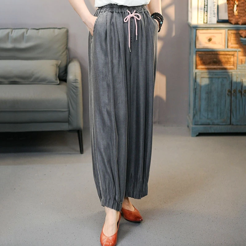 CK4264灰#2025夏季新款莱赛尔牛仔直筒裤女宽松大码松紧时尚休闲