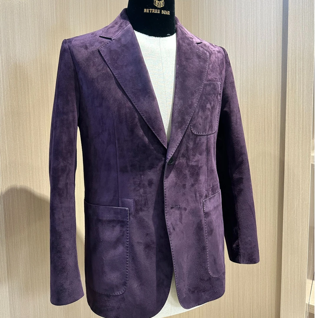 BETREE BEAR 单排扣油边皮西服男士磨砂胎牛皮双面反绒真皮西装
