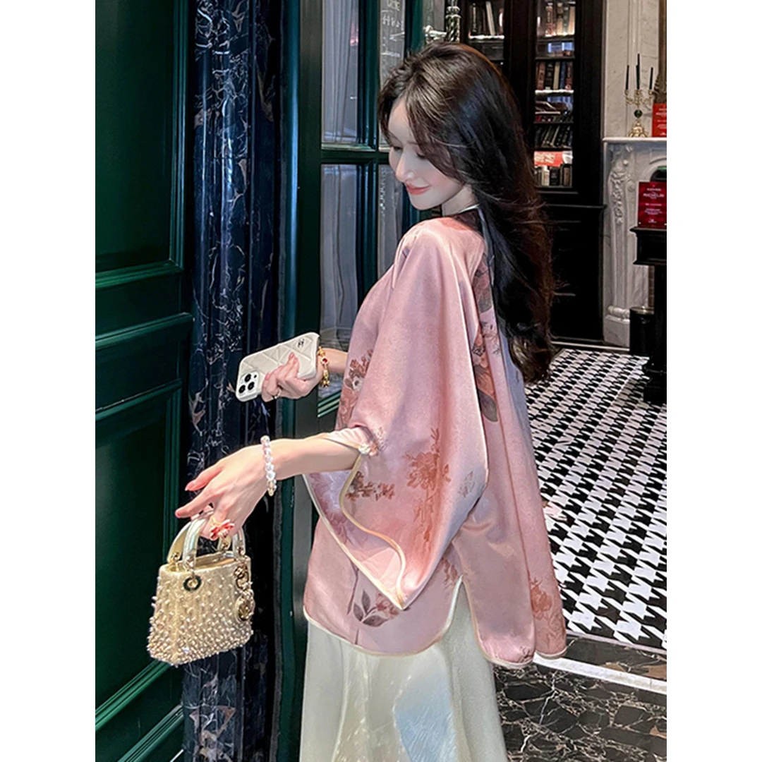 新中式国风醋酸印花短外套女2025秋季新款高级感宽松缎面粉色上衣