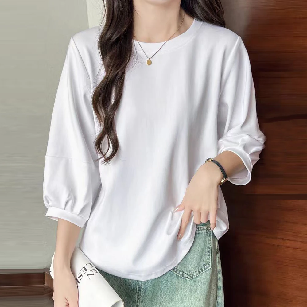 纯棉七分袖白色T恤春夏季新款灯笼袖宽松显瘦内搭打底体恤女上衣