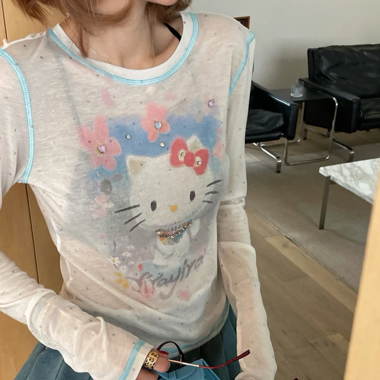浅蓝浅绿边花花kt猫咪短款修身女士T恤春夏网红长袖透气ins