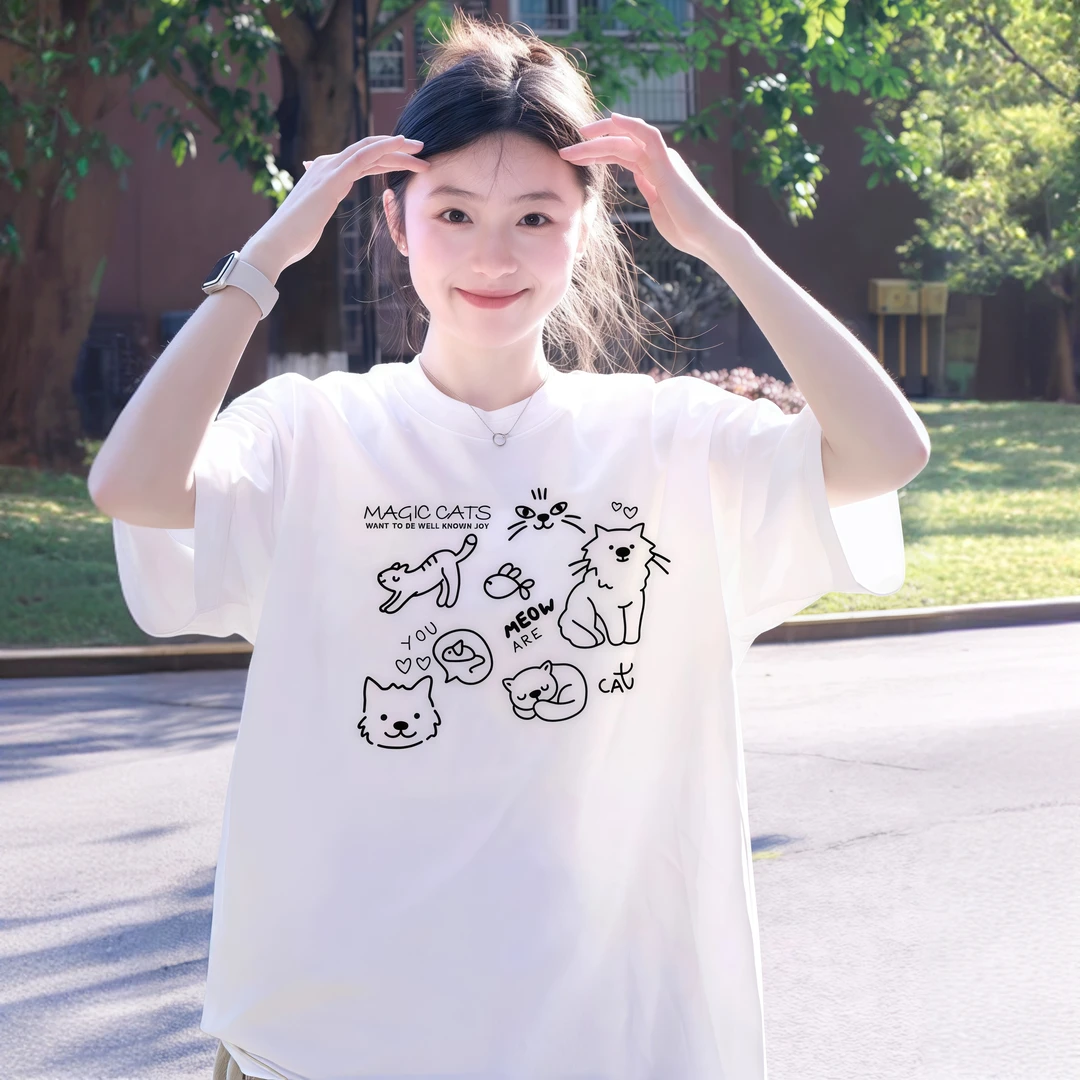 设计感小猫白色短袖t恤女25新款夏季宽松休闲半袖小众百搭上衣女