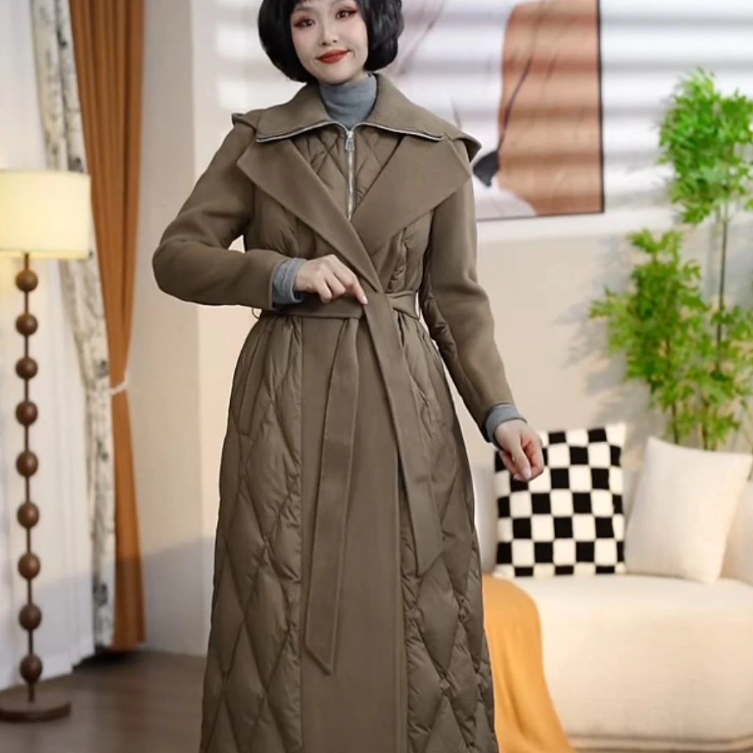 Y506冬季时尚气质拉链翻领毛呢拼接中长款保暖外套DM10