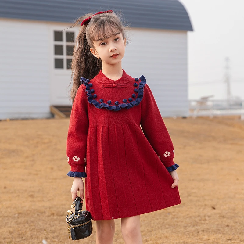 女童红色裙子秋冬季2024新款儿童长袖连衣裙女大童公主裙毛衣裙潮