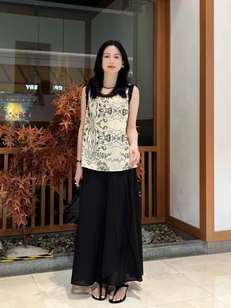 【Si&华严选】拼接木耳边圆领背心复古印花百搭显瘦无袖小衫1251
