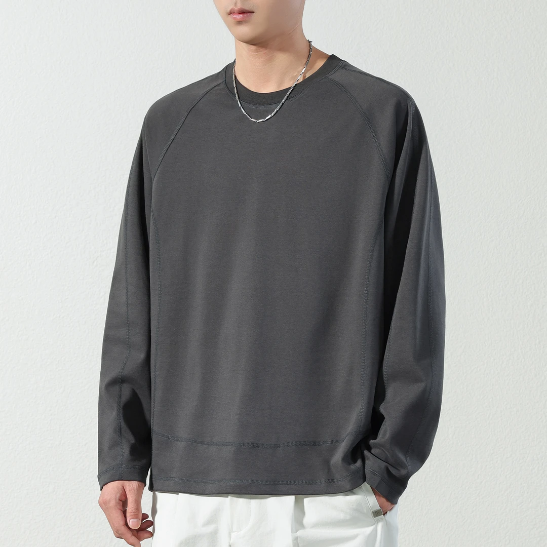 号志HAOZHI复古纯色长袖t恤男士2025秋冬新款宽松圆领上衣打底衫