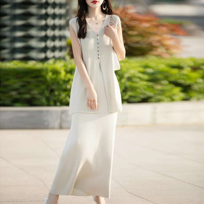 夏季复古中长款纯色女马夹无袖显瘦上衣气质针织半身裙时尚女套装