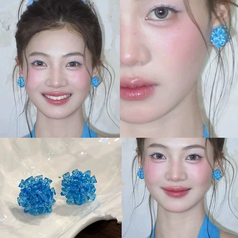 925银玻璃耳饰 蓝色串珠耳钉女气质小众设计感耳环925银针显白