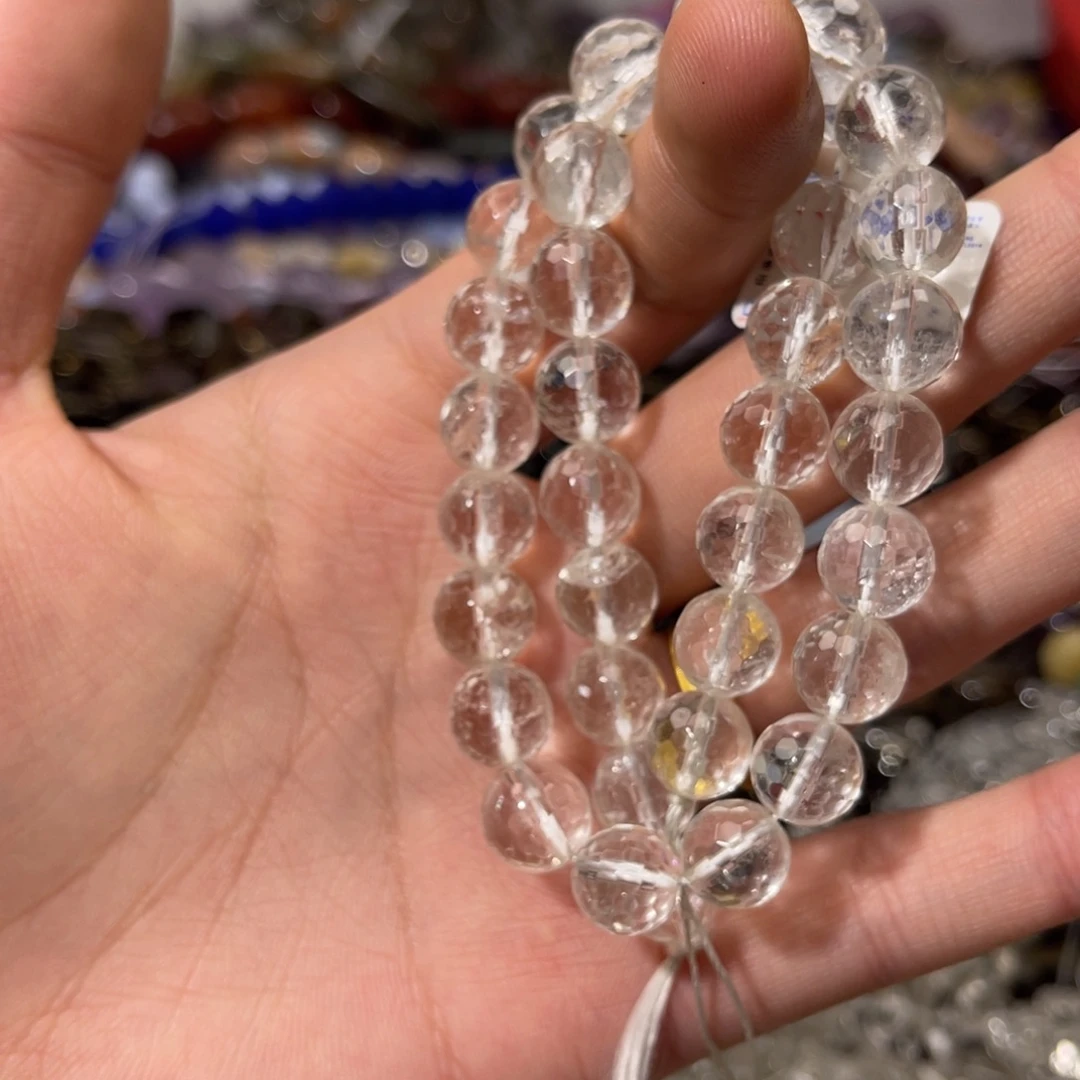 烟晶手链银S925镶嵌切面白水圆珠卡10