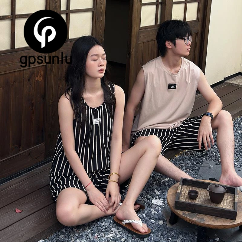 GPSUNLU夏季情侣睡衣女无袖背心带胸垫家居服男士纯棉薄款宽松