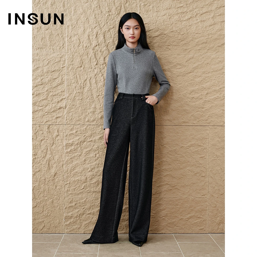 「理想下装」INSUN恩裳专选2025冬季提花直筒双层保暖休闲裤