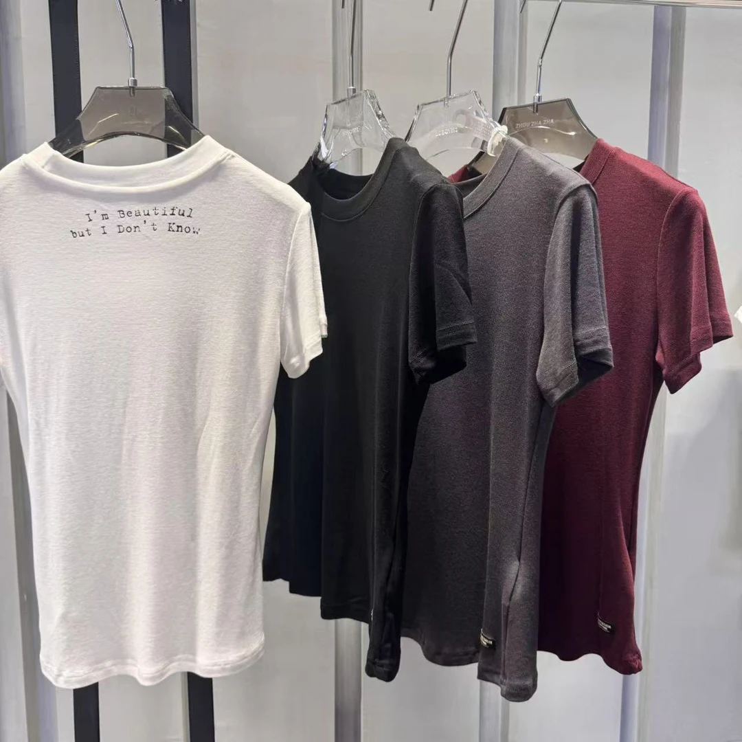 【GUQI】羊毛天丝螺纹短袖纯色少女风T恤女款ol运动春夏简约258673