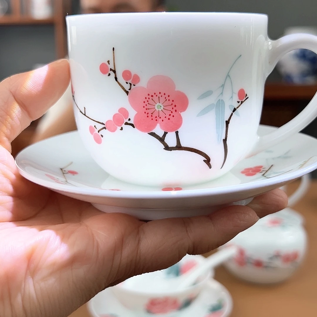 高白瓷翠竹红梅咖啡杯瑕