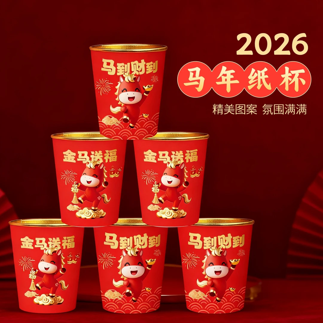 到手50只马年金箔纸杯一次性杯子加厚高档金箔婚宴家用水杯子