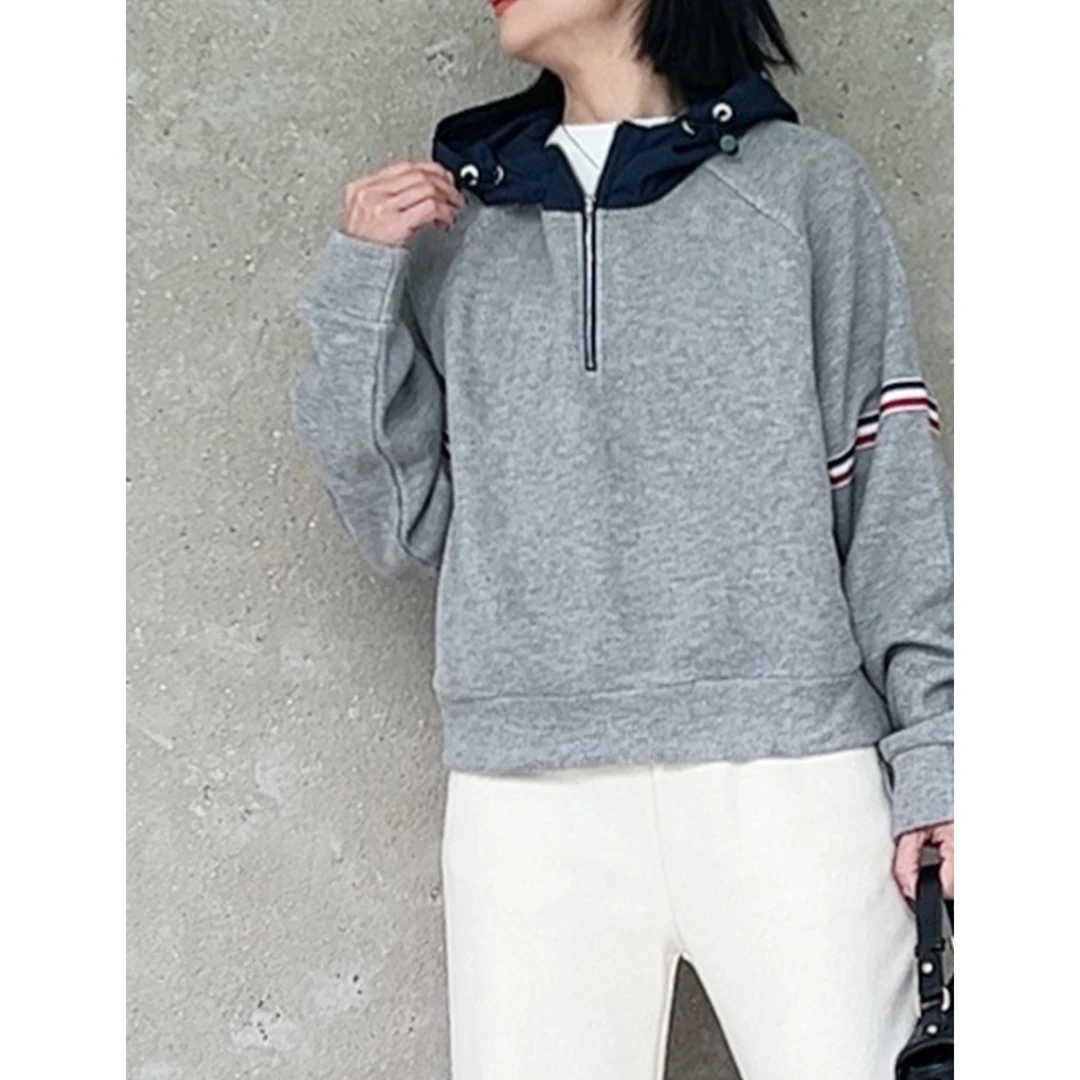 【现货】加绒灰色连帽毛衣女秋冬新款设计拼色休闲百搭上衣87207