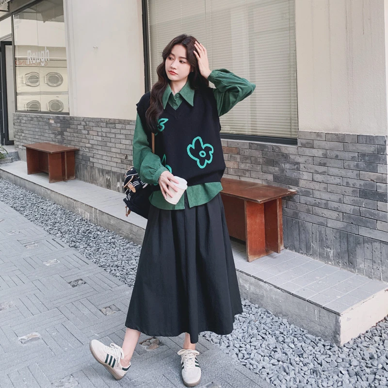 森系文艺范马甲衬衫半身裙套装2025春秋新款可盐可甜韩系风三件套