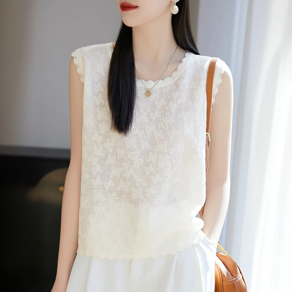 花边圆领精纺背心女夏季薄款提花上衣宽松显瘦外穿时尚百搭针织衫