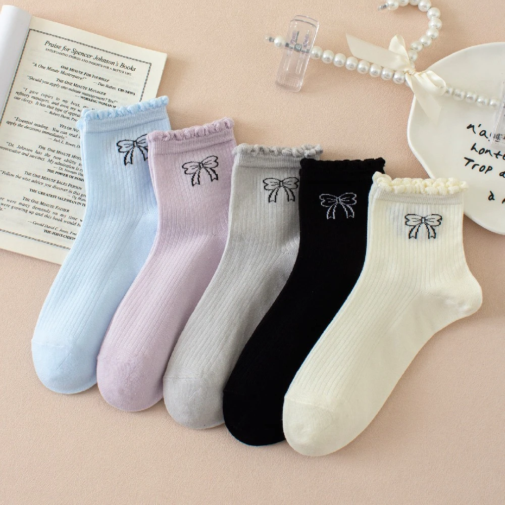 薄款网眼蝴蝶结薄棉袜子女中筒袜清新花边学院风女袜韩版女袜运动