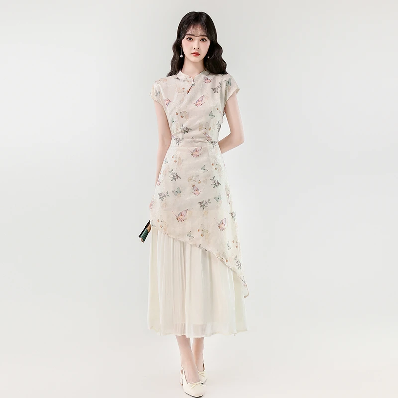 新中式改良印花旗袍连衣裙2025夏季新款国风优雅设计感假两件长裙