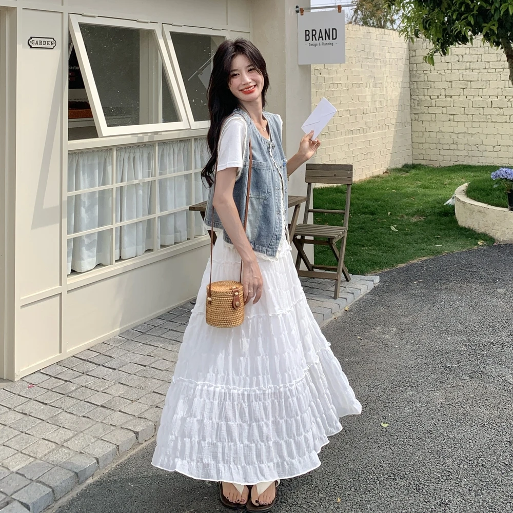 套装裙女2025年夏季新款式森系时尚显瘦牛仔马甲T恤半身裙三件套