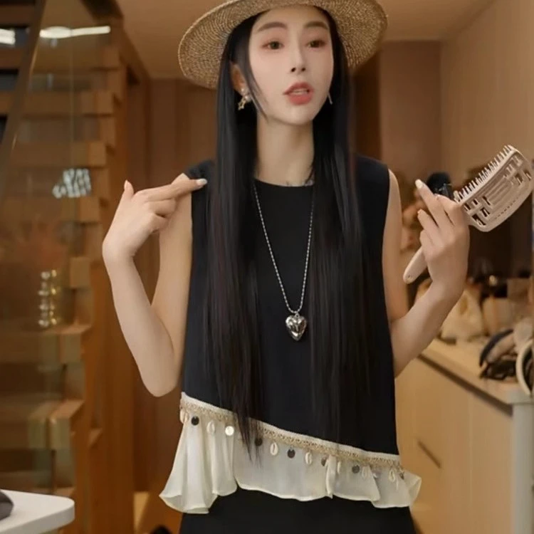 夏季新款女装重工假两件高级感无袖衬衫下摆手工亮片洋气减龄上衣