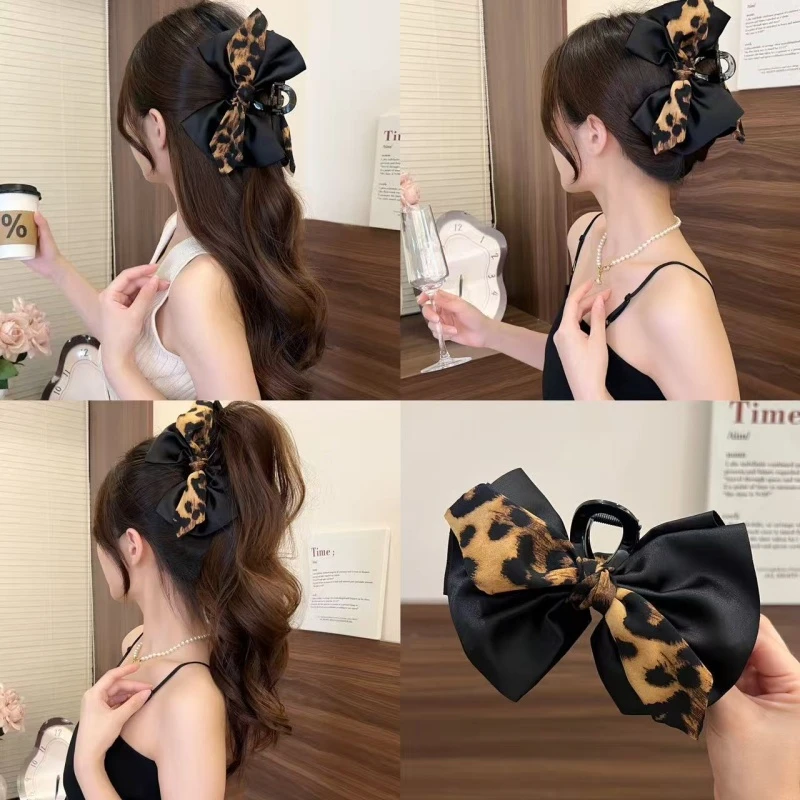 气质豹纹蝴蝶结大号抓夹百搭发饰高级感发夹后脑勺马尾夹发饰女