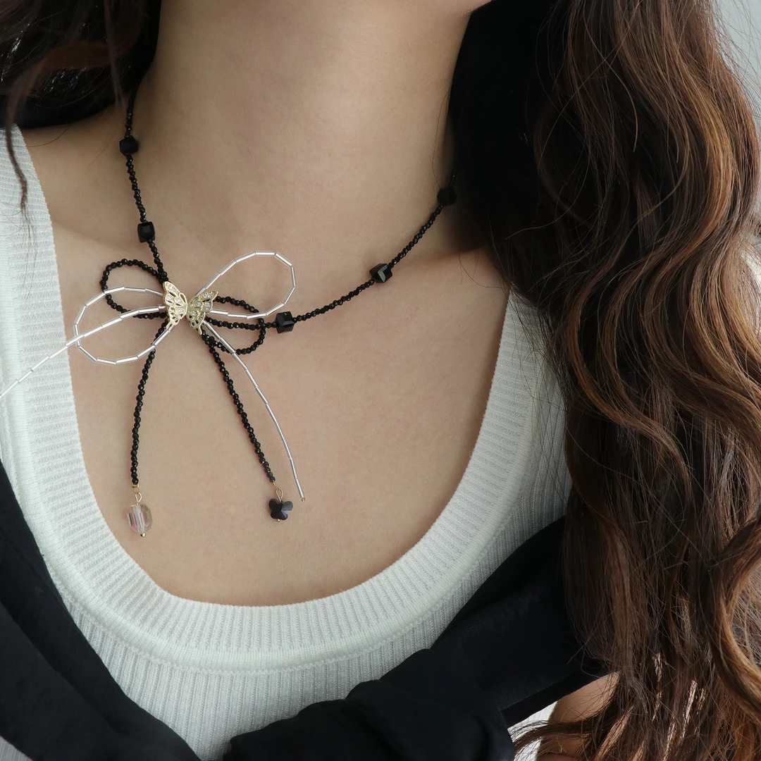 因缺斯汀饰品 铜合金项链 【甜酷蝴蝶结】黑色串珠蝴蝶结项链小众