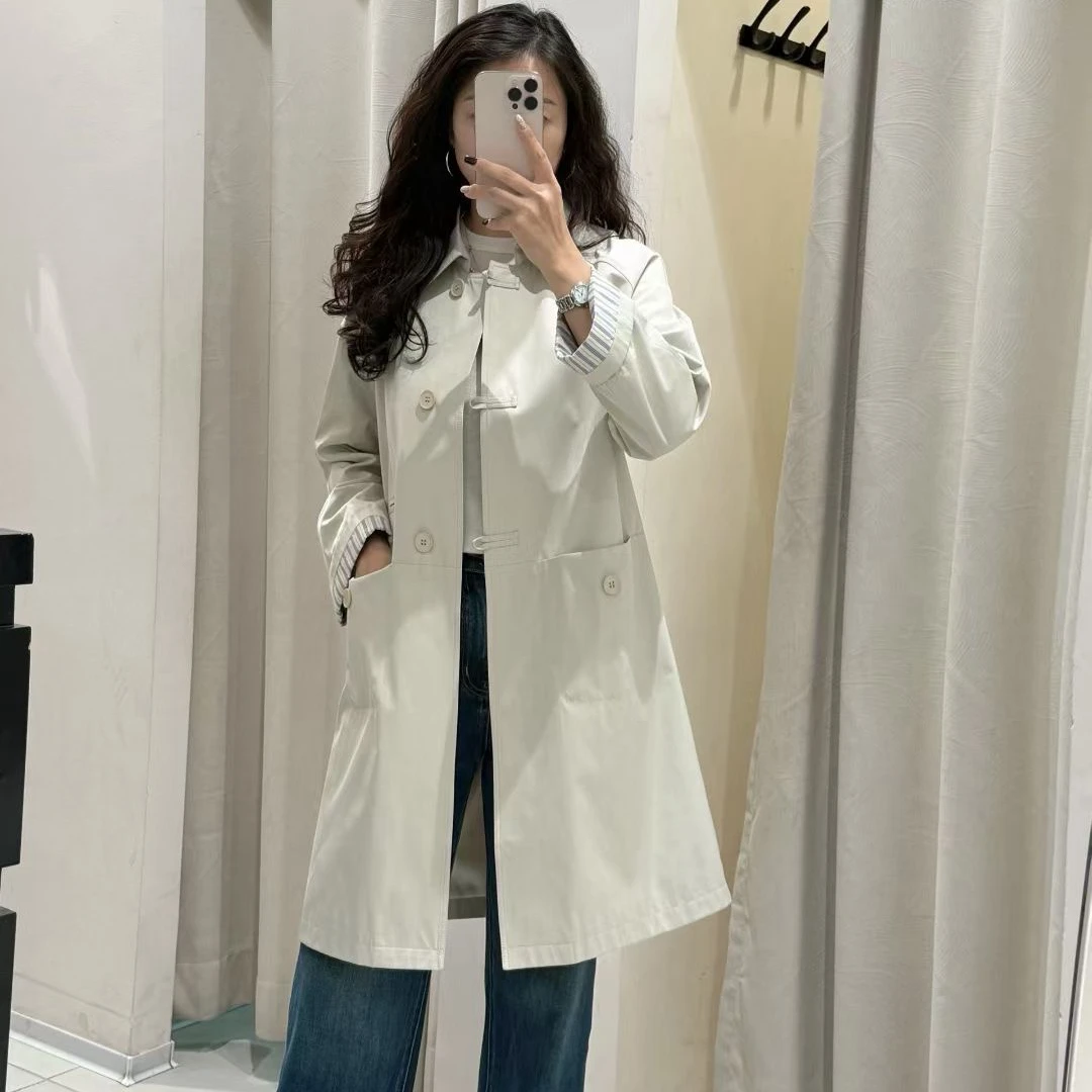 气质翻边袖拼色中长款风衣