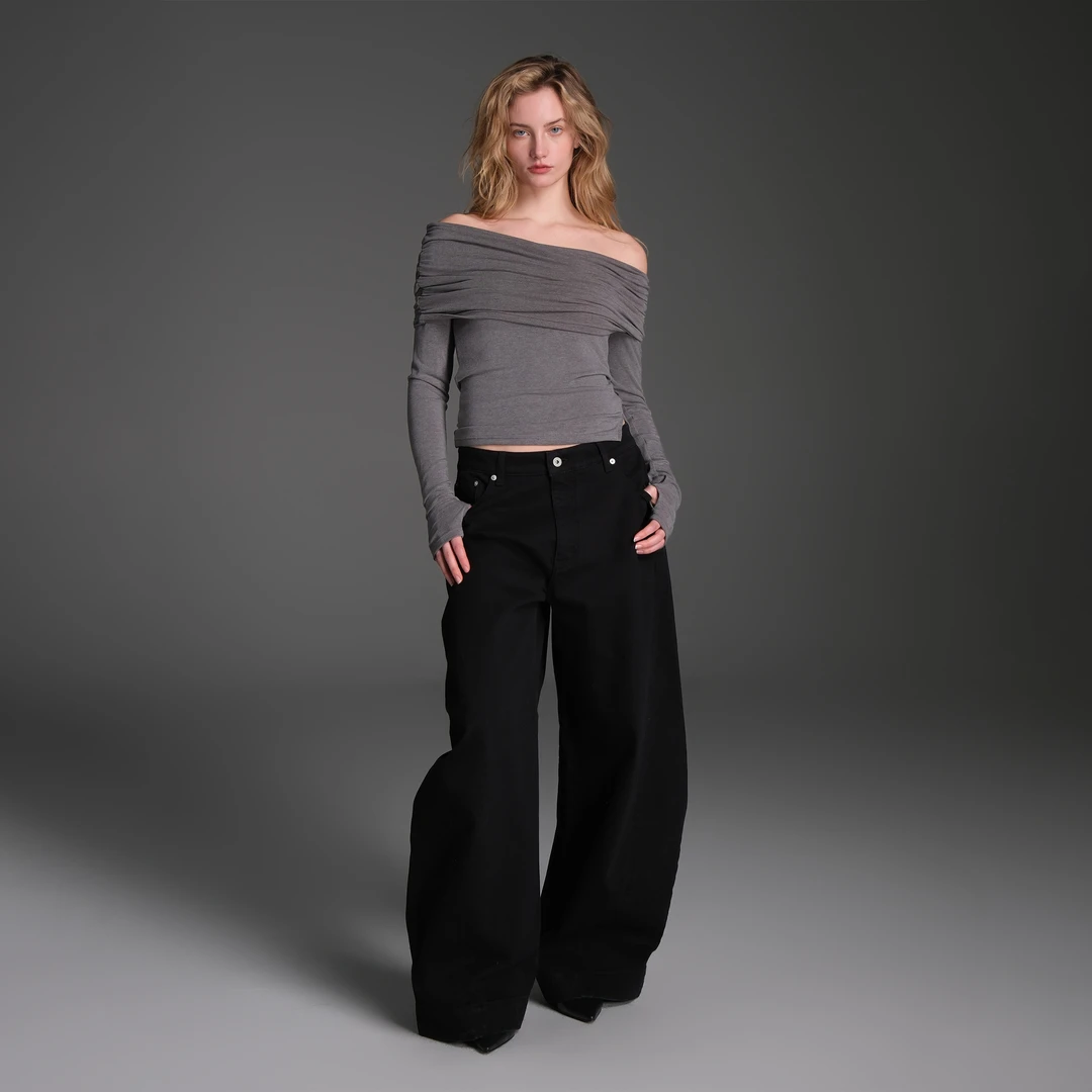 Set for life 25SS天丝羊毛不规则堆叠褶皱一字肩长袖T恤