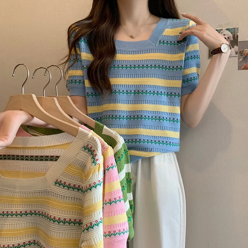 大码女装时尚洋气方领针织短袖T恤胖mm宽松显瘦条纹冰丝上衣