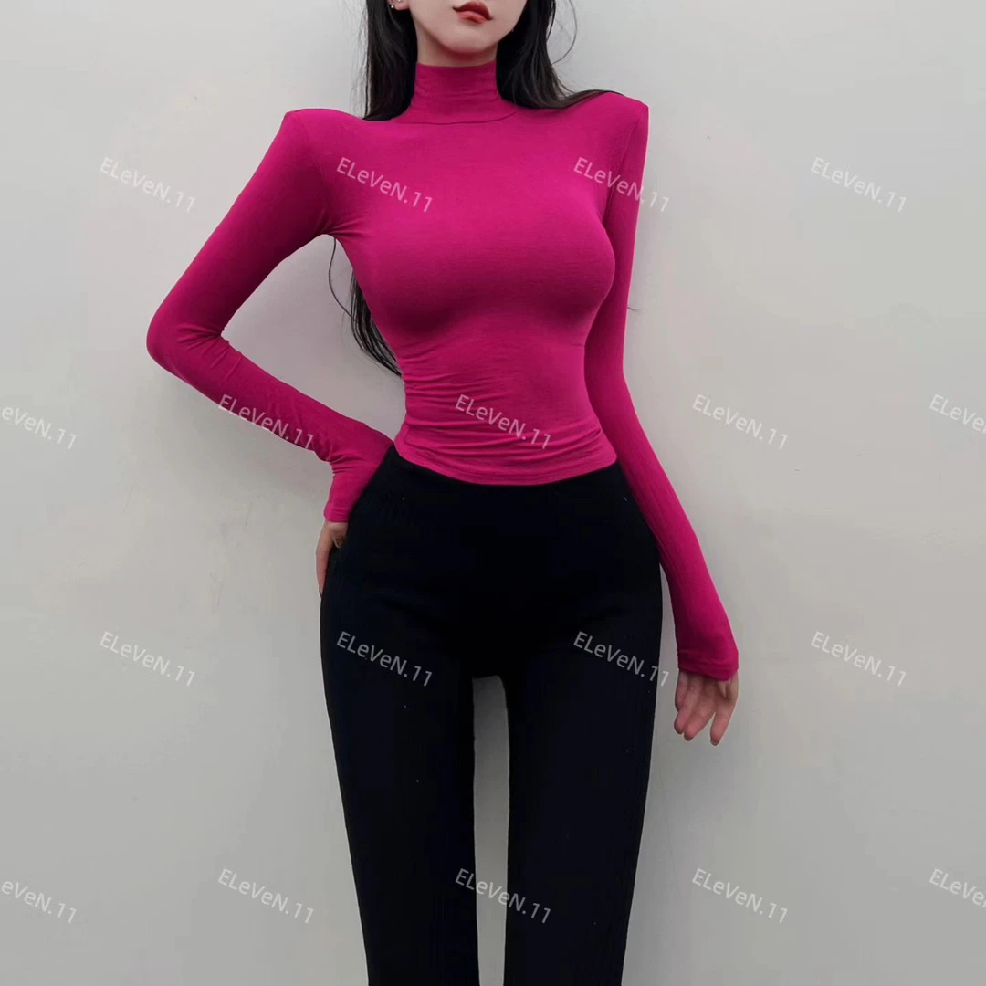 11787-百搭高领薄款打底衫女纯色长袖T恤韩版修身上衣内搭秋新