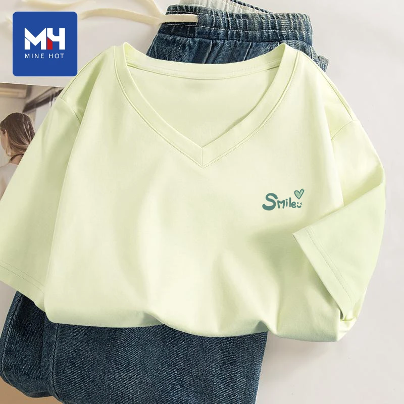 唐狮集团MH芥末黄短袖t恤女2025新款夏时尚女装半袖正肩v领上衣H