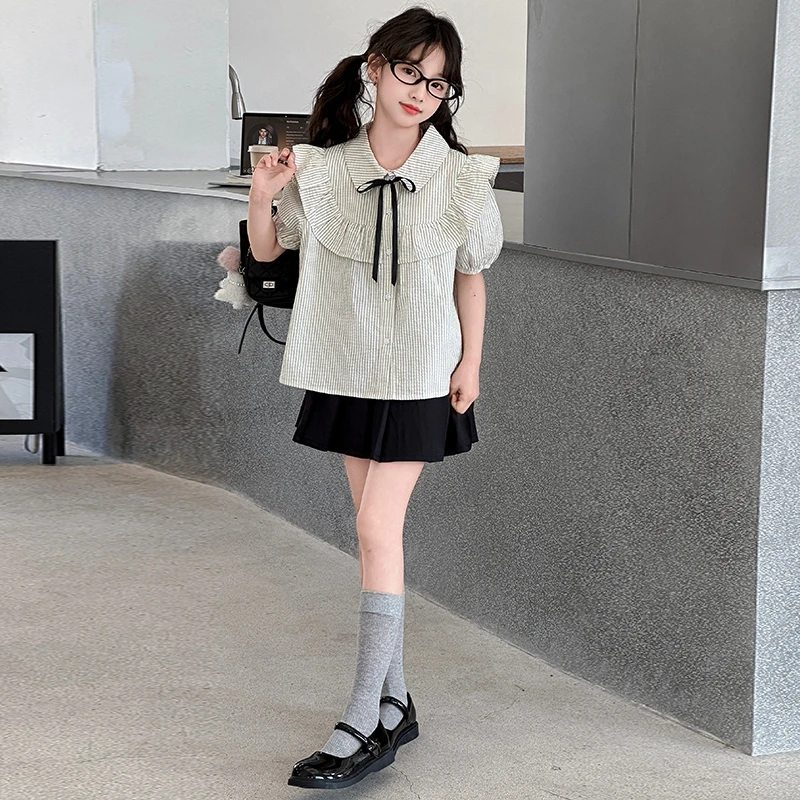 甜美学院风娃娃领荷叶边条纹短袖jk衬衫夏季新款半身裙短裙两件套