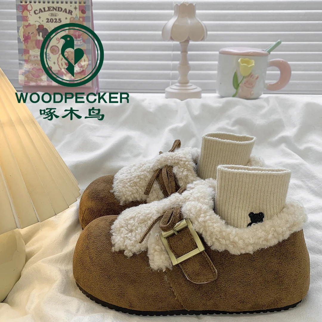 啄木鸟加绒毛毛勃肯鞋女2025新款冬季厚底内增高棉鞋蝴蝶结雪地靴